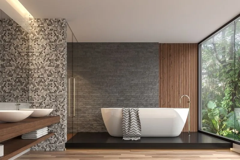 Bathroom with mosaic feature wall and freestanding bath
