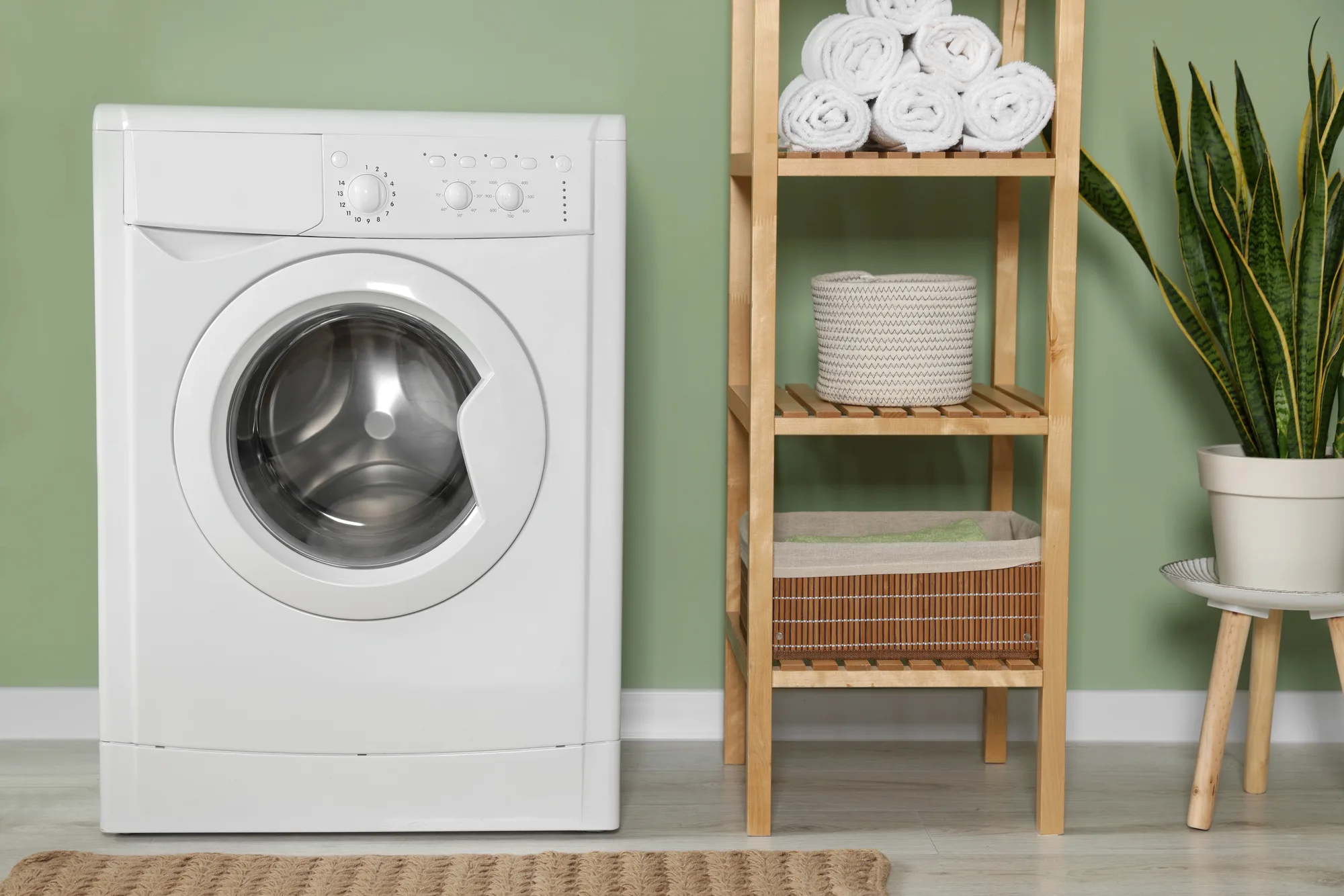 Laundry with washing machine and timber shelving