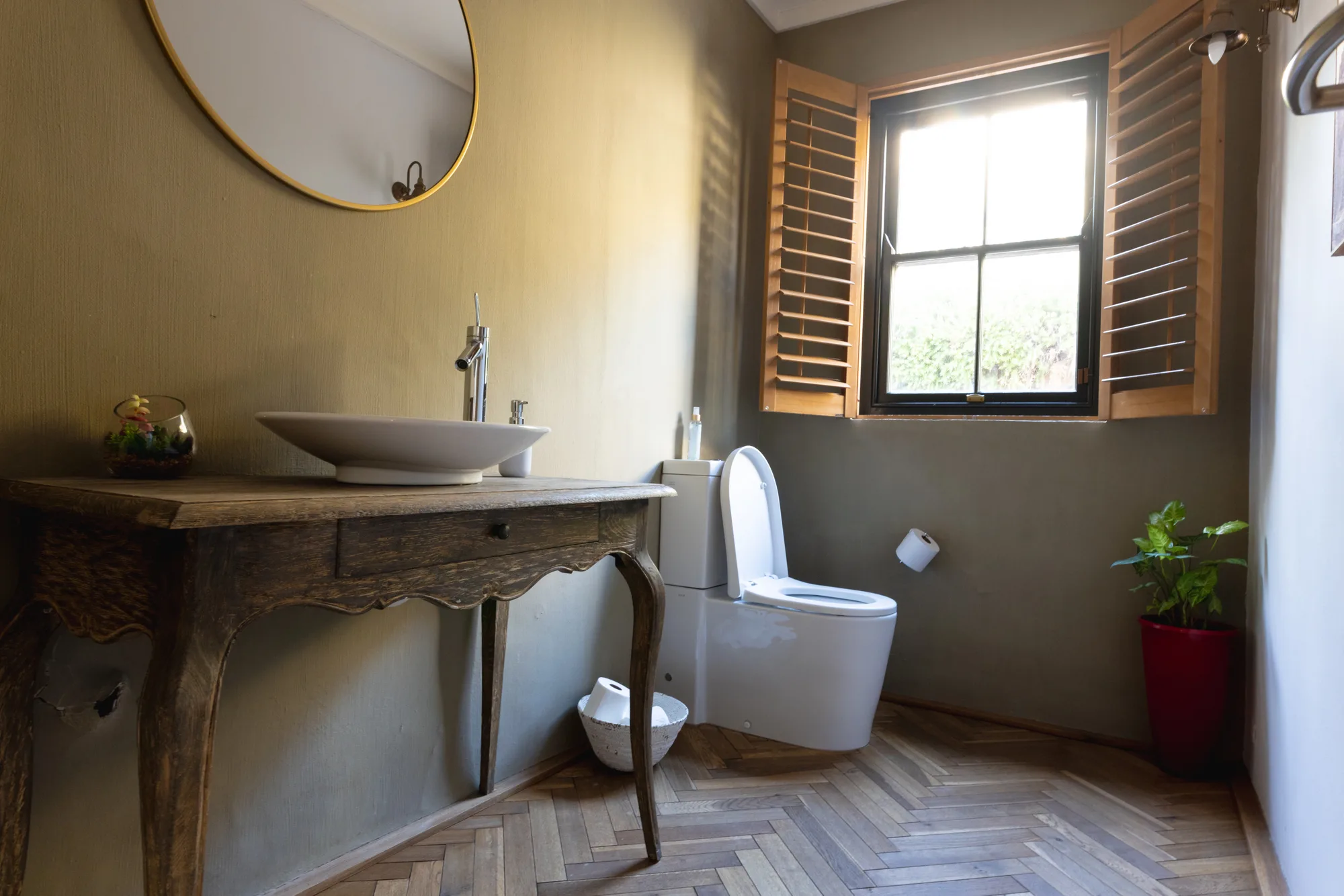 Bathroom with rustic timber vanity and vessel basin